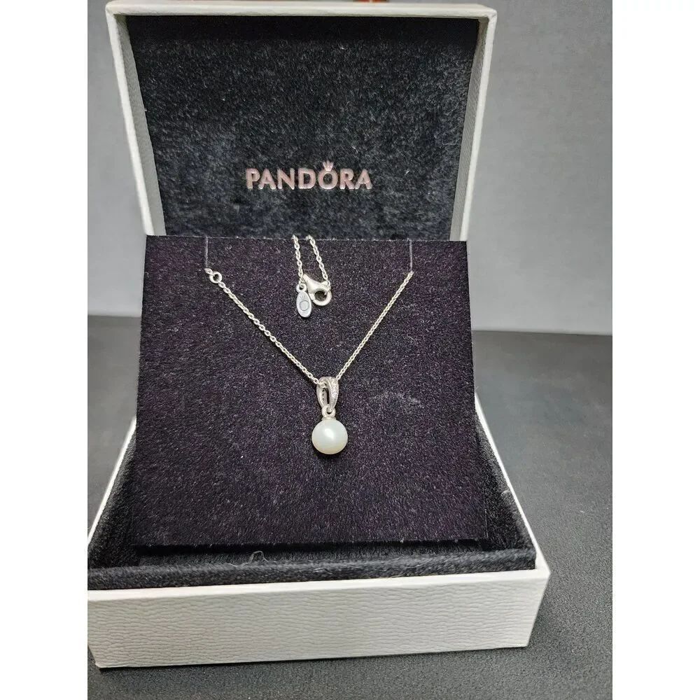 PANDORA Elegant Beauty Pendant, White Pearl & Clear CZ with necklace